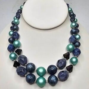 Vintage Japan Double Strand Acrylic Graduated Beaded Necklace 15.5"L Navy Aqua